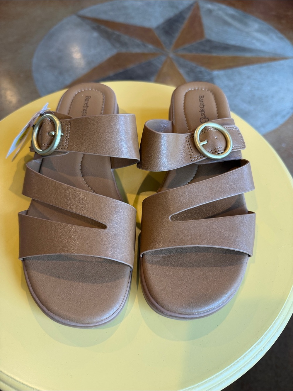 BareTraps Brown Strappy Slide Sandals with Gold Buckle